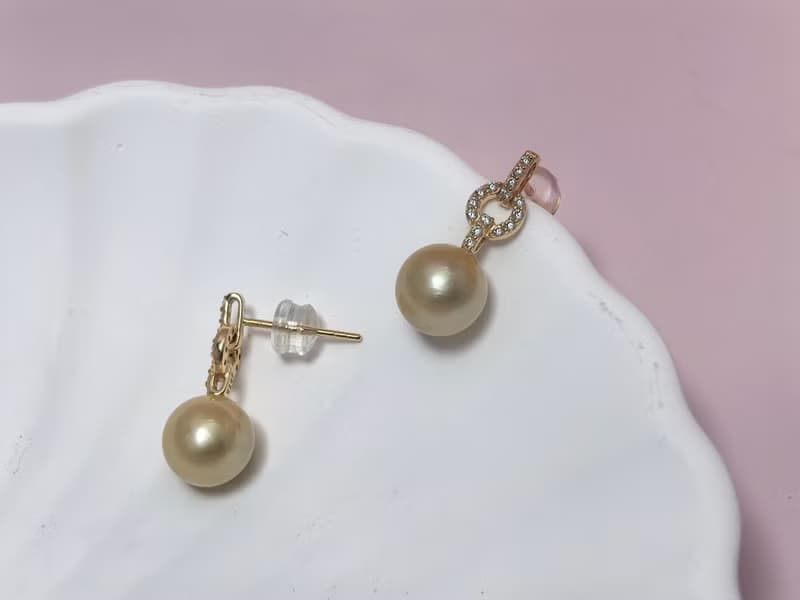 天然海水珍珠 香檳金 南洋金珠  純銀 耳環