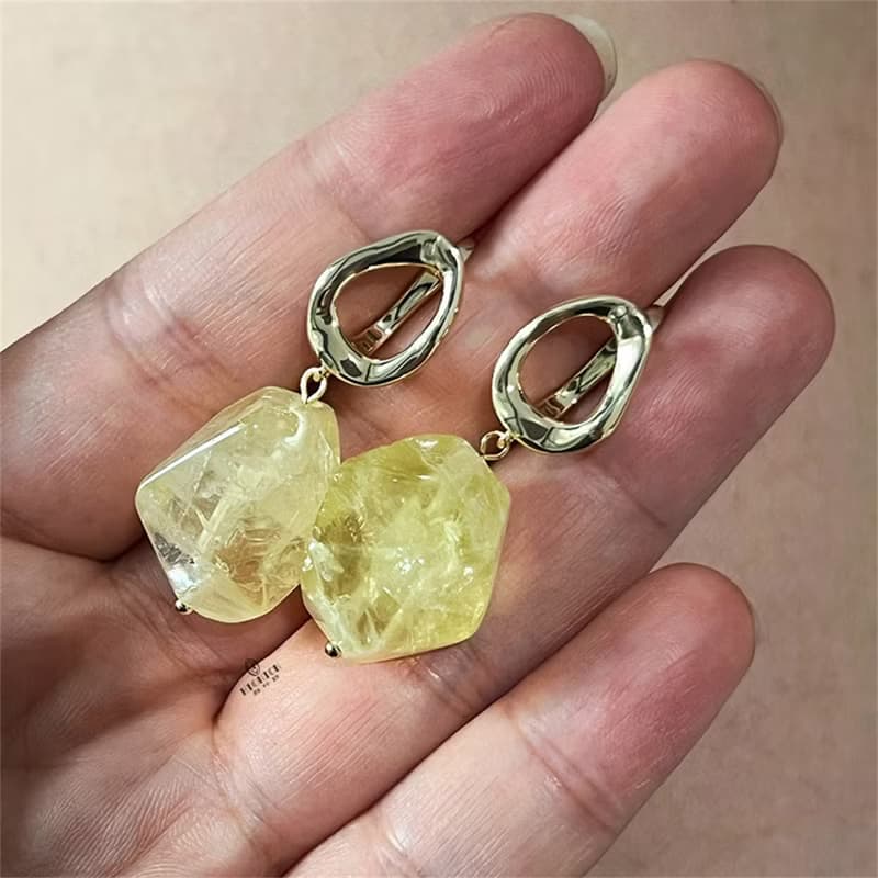 托斯卡納豔陽下~原創小眾檸檬黃水晶耳扣誇張簡約意式穿搭耳環