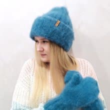 Warm blue fluffy hat and mittens | Winter knitted accessories
