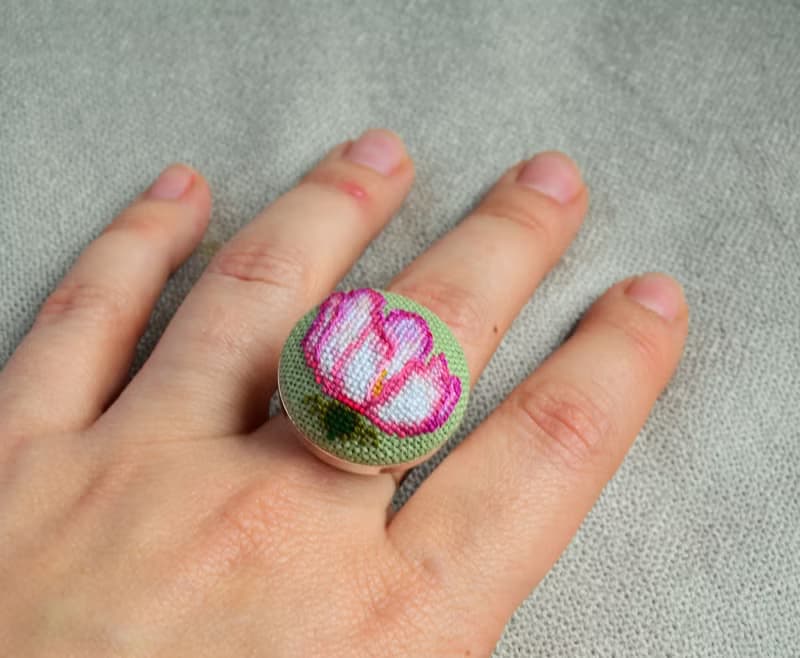 粉色花朵刺繡戒指十字繡自然首飾送給她的精美禮物