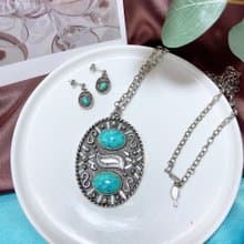 【西洋古董飾品】Sarah cov 稀有套組石感雕紋花垂墜項鍊耳環耳針