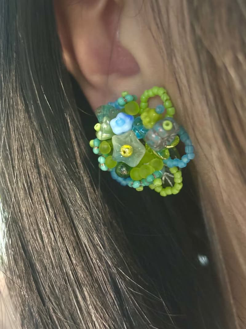 串珠花朵耳環 手作耳釘 串珠耳飾 花叢耳環 綠波蕩漾