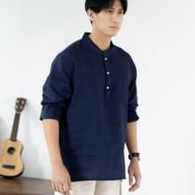Blue & J Natural Linen with White Buttons Mandarin Collar Shirt - Navy