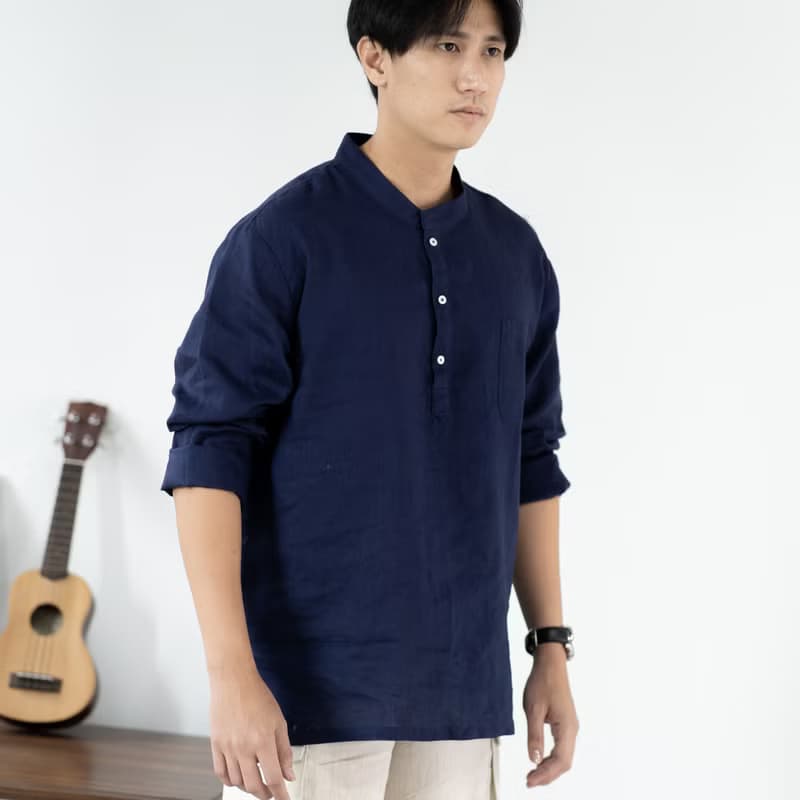 Blue & J Natural Linen with White Buttons Mandarin Collar Shirt - Navy