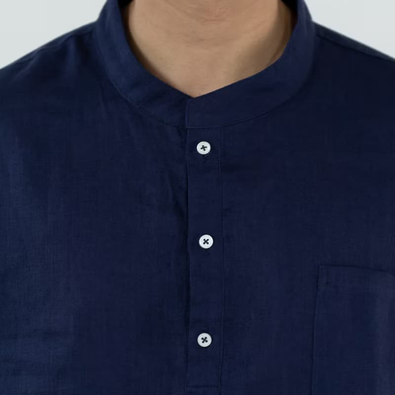 Blue & J Natural Linen with White Buttons Mandarin Collar Shirt - Navy