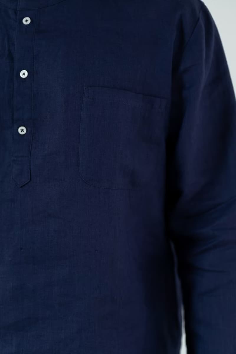 Blue & J Natural Linen with White Buttons Mandarin Collar Shirt - Navy
