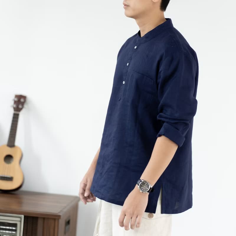 Blue & J Natural Linen with White Buttons Mandarin Collar Shirt - Navy