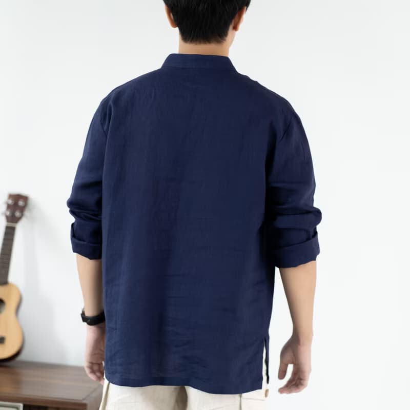 Blue & J Natural Linen with White Buttons Mandarin Collar Shirt - Navy