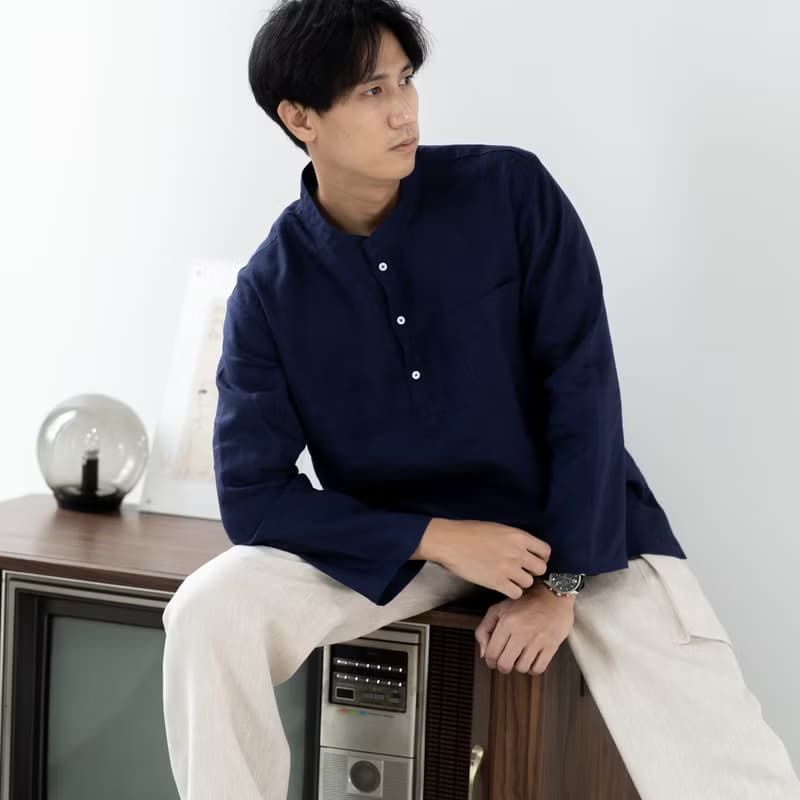 Blue & J Natural Linen with White Buttons Mandarin Collar Shirt - Navy