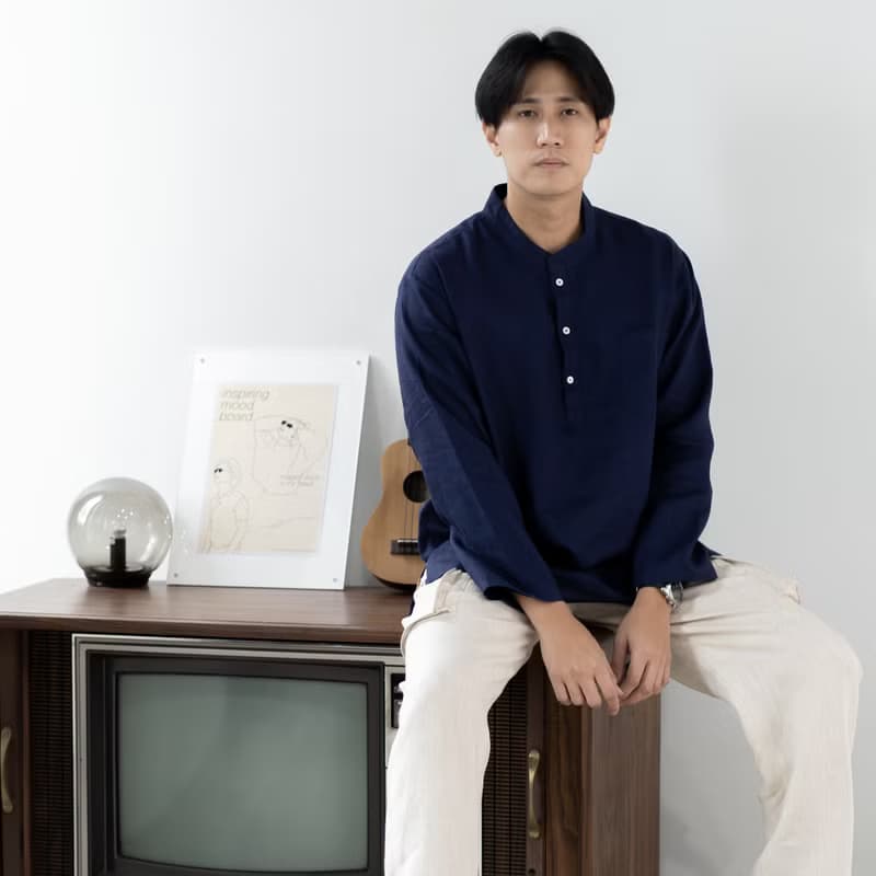 Blue & J Natural Linen with White Buttons Mandarin Collar Shirt - Navy