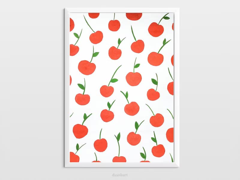 Red cherries pattern original painting gouache artwork kitchen decor poster