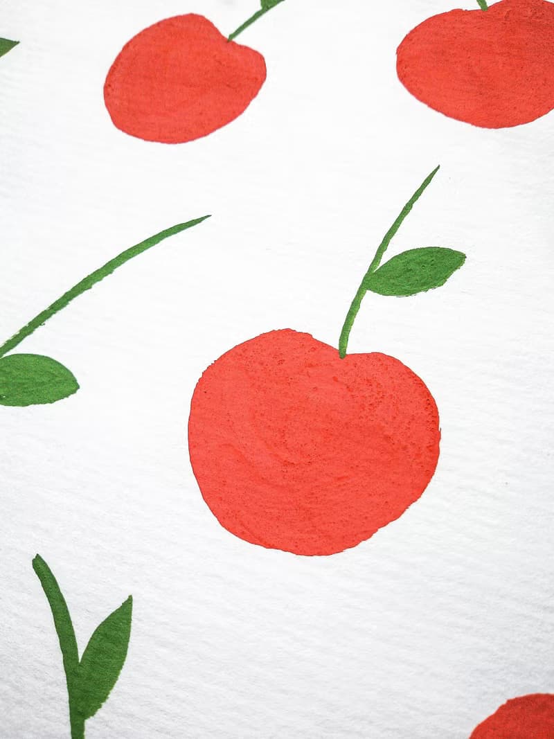 Red cherries pattern original painting gouache artwork kitchen decor poster