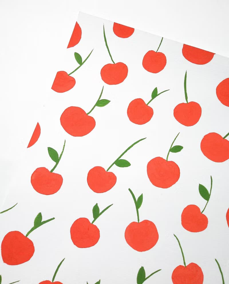 Red cherries pattern original painting gouache artwork kitchen decor poster