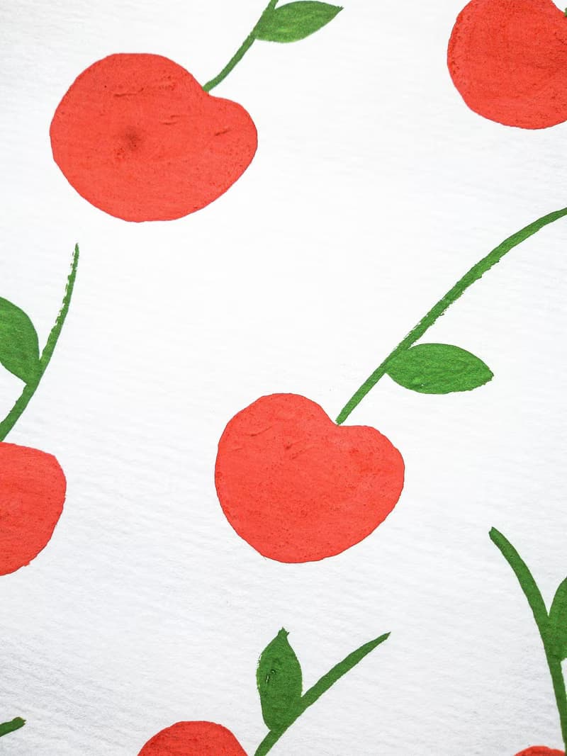 Red cherries pattern original painting gouache artwork kitchen decor poster