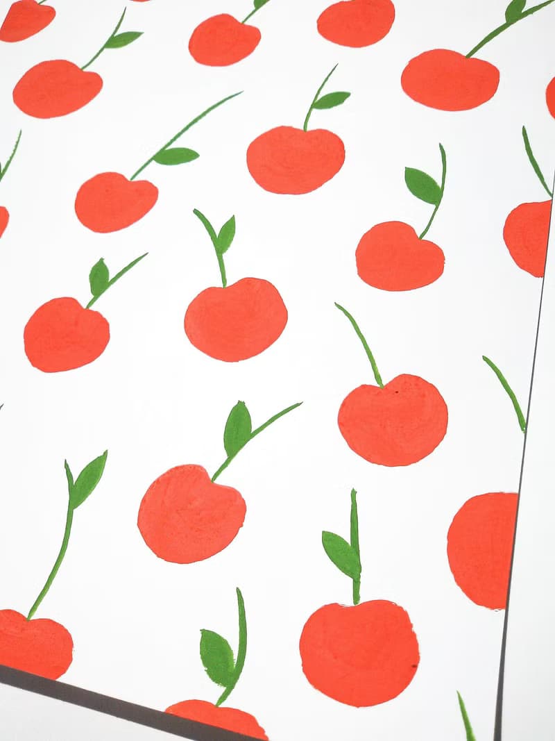 Red cherries pattern original painting gouache artwork kitchen decor poster