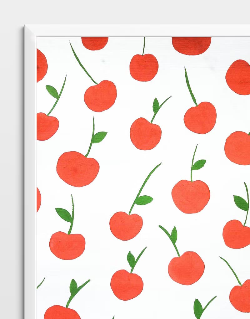 Red cherries pattern original painting gouache artwork kitchen decor poster
