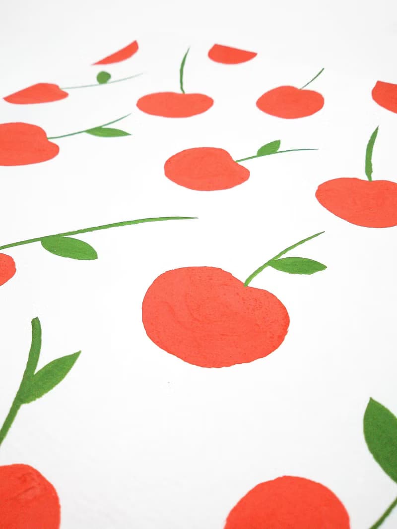 Red cherries pattern original painting gouache artwork kitchen decor poster