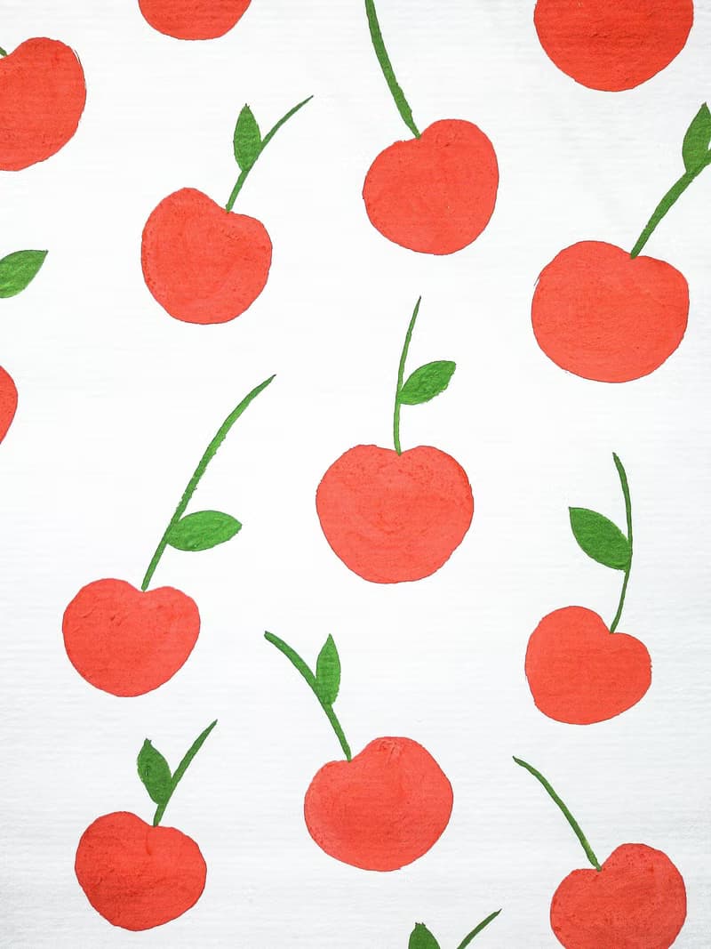Red cherries pattern original painting gouache artwork kitchen decor poster