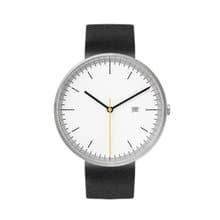 BIJOUONE彼樹灣B202銀色表殼白色表盤黑色真皮表帶男款手錶