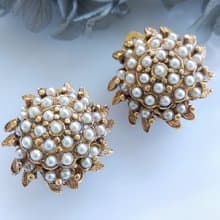 Vintage Jewelry 西洋古董飾品 FLORENZA 花形仿珠金葉 夾式耳環