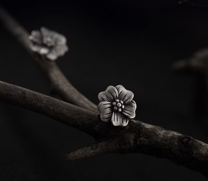 Real S 925 Sterling Silver Handmade Women Retro Plum Flower Studs Earrings