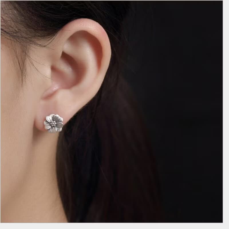 Real S 925 Sterling Silver Handmade Women Retro Plum Flower Studs Earrings
