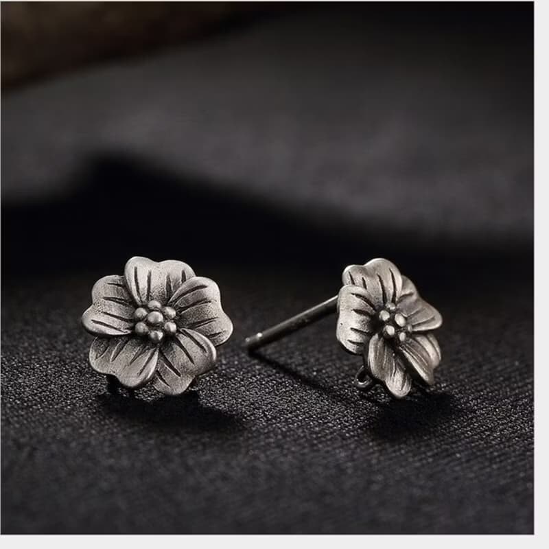 Real S 925 Sterling Silver Handmade Women Retro Plum Flower Studs Earrings