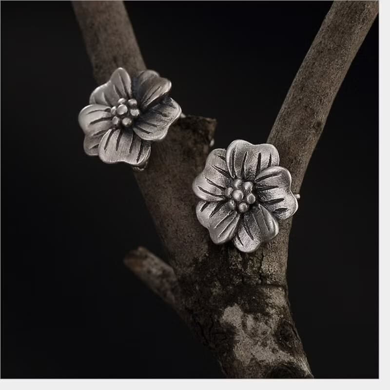 Real S 925 Sterling Silver Handmade Women Retro Plum Flower Studs Earrings
