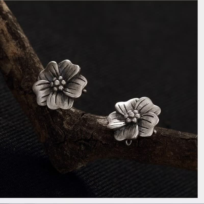Real S 925 Sterling Silver Handmade Women Retro Plum Flower Studs Earrings