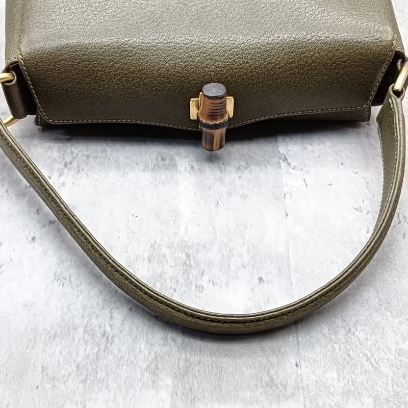 稀有中古二手Gucci橄欖綠竹節皮革小盒子單肩小包側背斜揹孭手袋