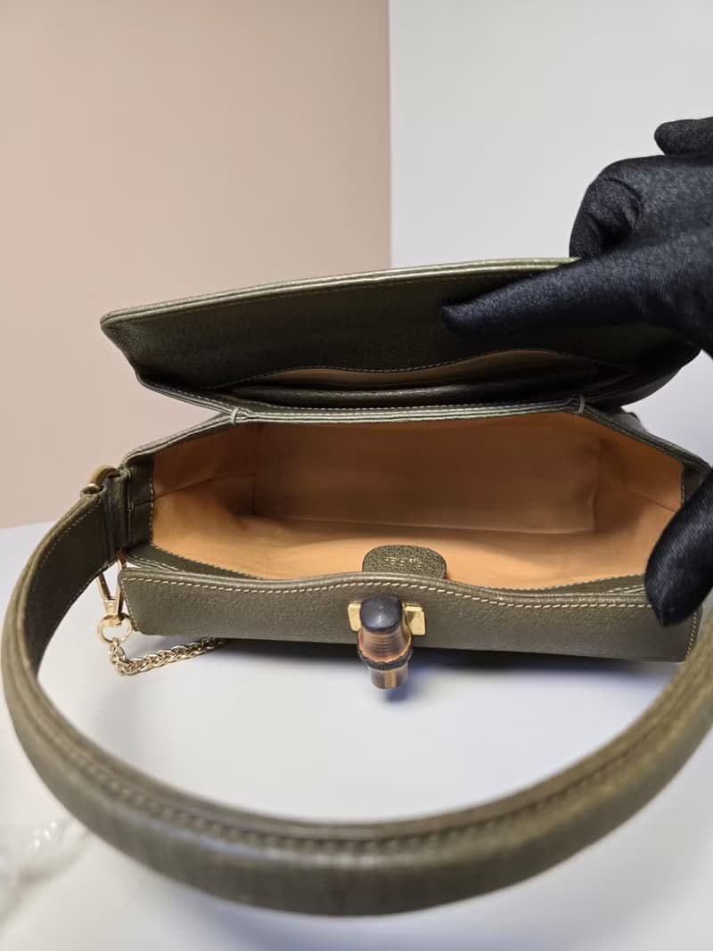 稀有中古二手Gucci橄欖綠竹節皮革小盒子單肩小包側背斜揹孭手袋