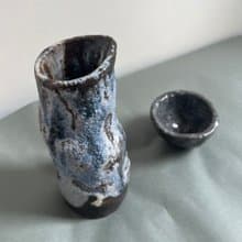 Sake bottle & cup / Tea cup (2 pieces) - Black Blue Rough Shore
