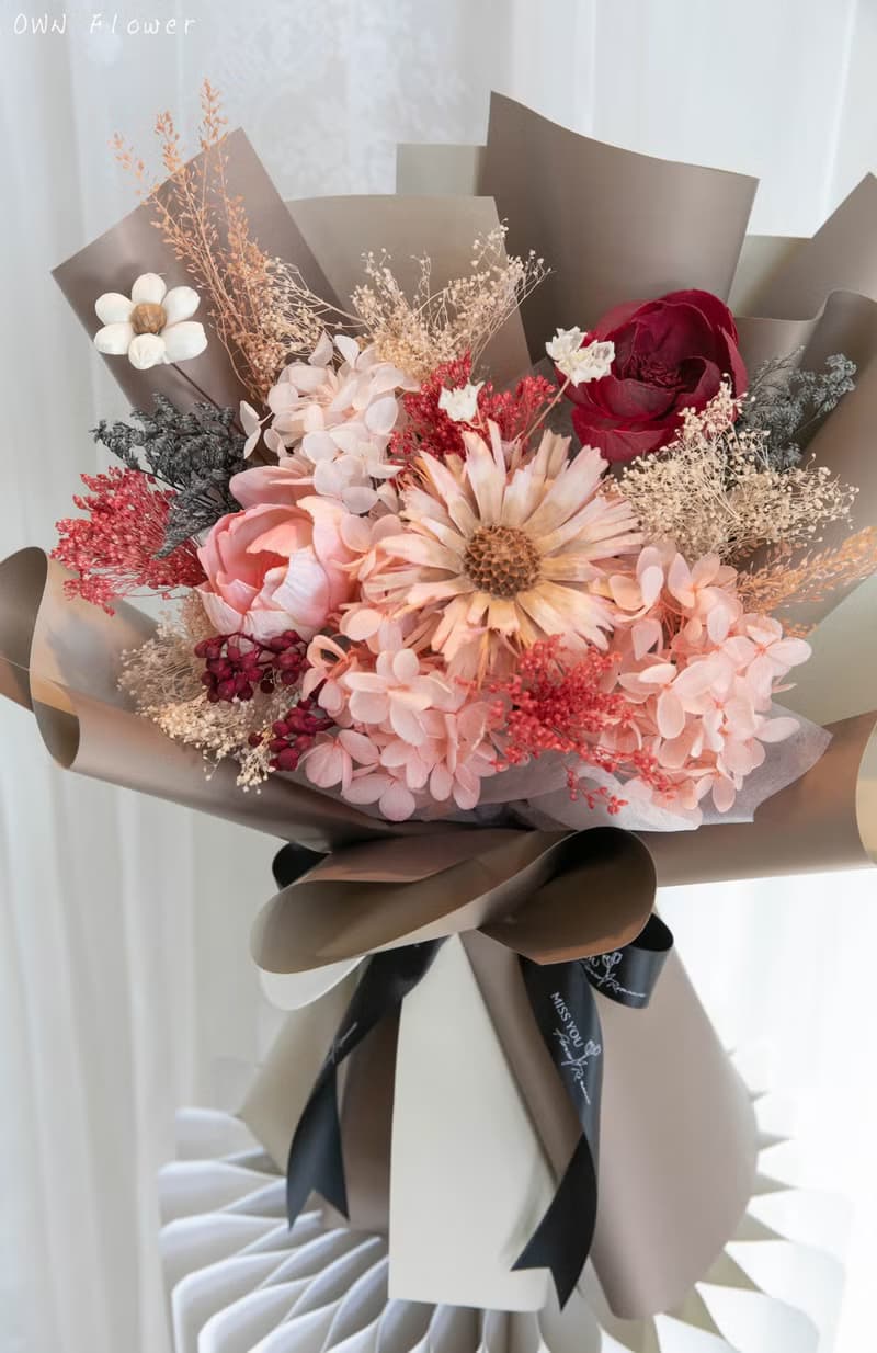 奶茶永生花束/索拉花束/乾燥花束/女友花束/生日花束/情人節花束