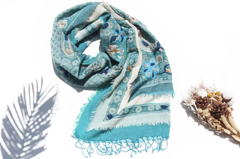 喀什米爾Cashmere/水煮羊毛披肩/針織圍巾/刺繡圍巾/羊絨披巾-花