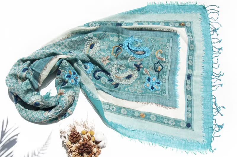 喀什米爾Cashmere/水煮羊毛披肩/針織圍巾/刺繡圍巾/羊絨披巾-花