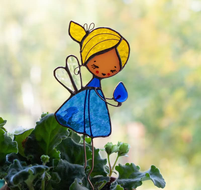 Flower fairy. Stained Glass decoration for plants pots. The Suncatcher