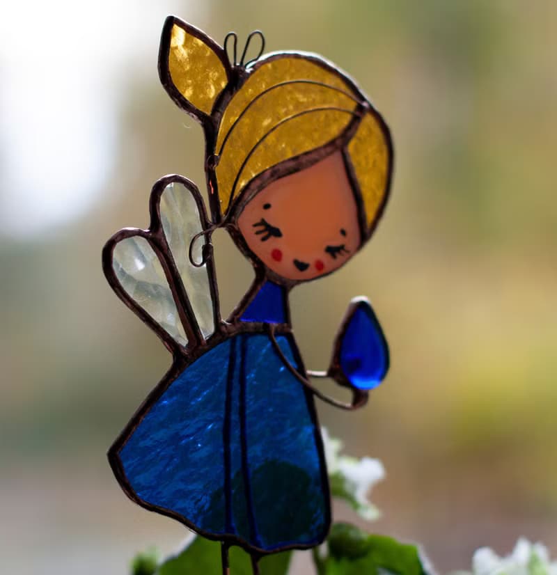 Flower fairy. Stained Glass decoration for plants pots. The Suncatcher
