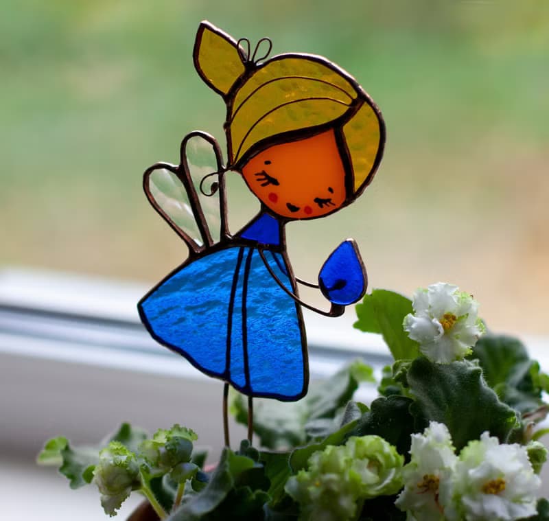 Flower fairy. Stained Glass decoration for plants pots. The Suncatcher