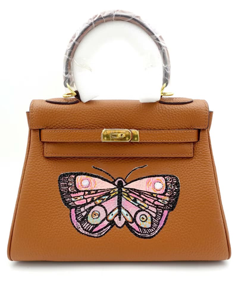 咖啡色手繪不掉色彩色花紋蝴蝶真皮牛皮手袋 TIMBEE LO 手工飾品