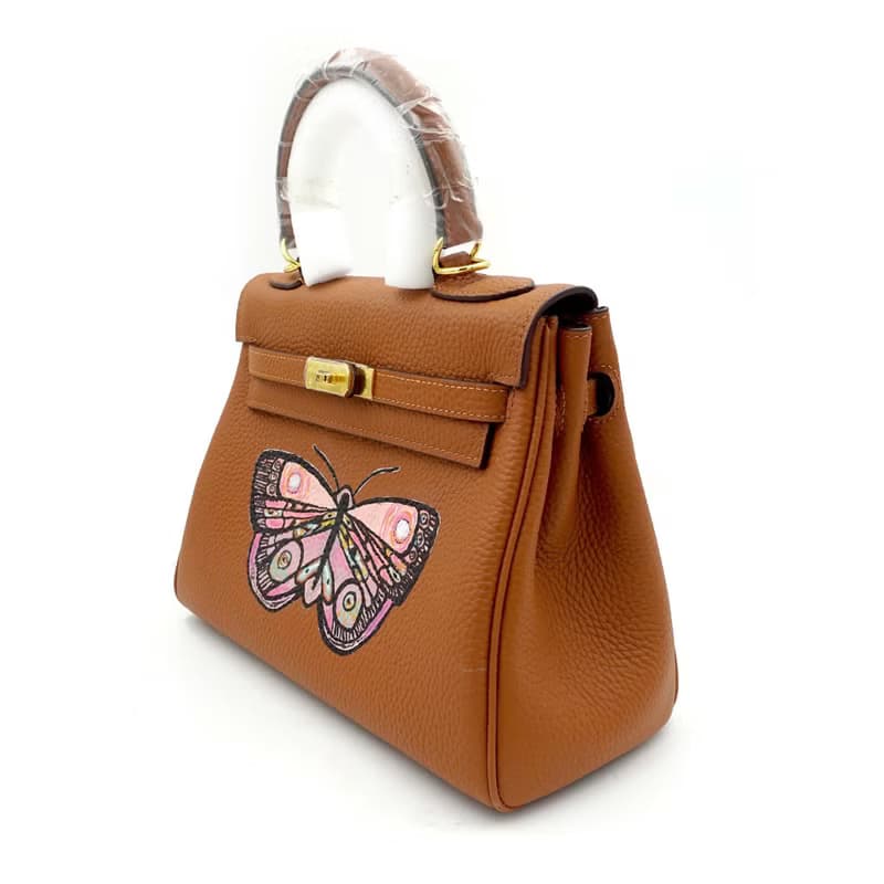 咖啡色手繪不掉色彩色花紋蝴蝶真皮牛皮手袋 TIMBEE LO 手工飾品