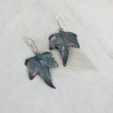 Artisan Ivy copper earrings, plant lover gift idea, silver plated, blue patina