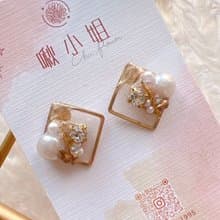 珍珠水鑽方形耳飾/耳環/耳夾