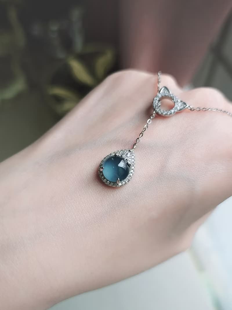 招財|星空藍貓咪鏈|A貨翡翠冰玻深藍大蛋面純銀伸縮款項鍊