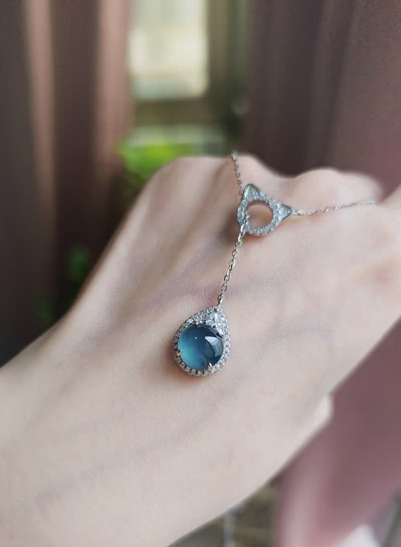 招財|星空藍貓咪鏈|A貨翡翠冰玻深藍大蛋面純銀伸縮款項鍊
