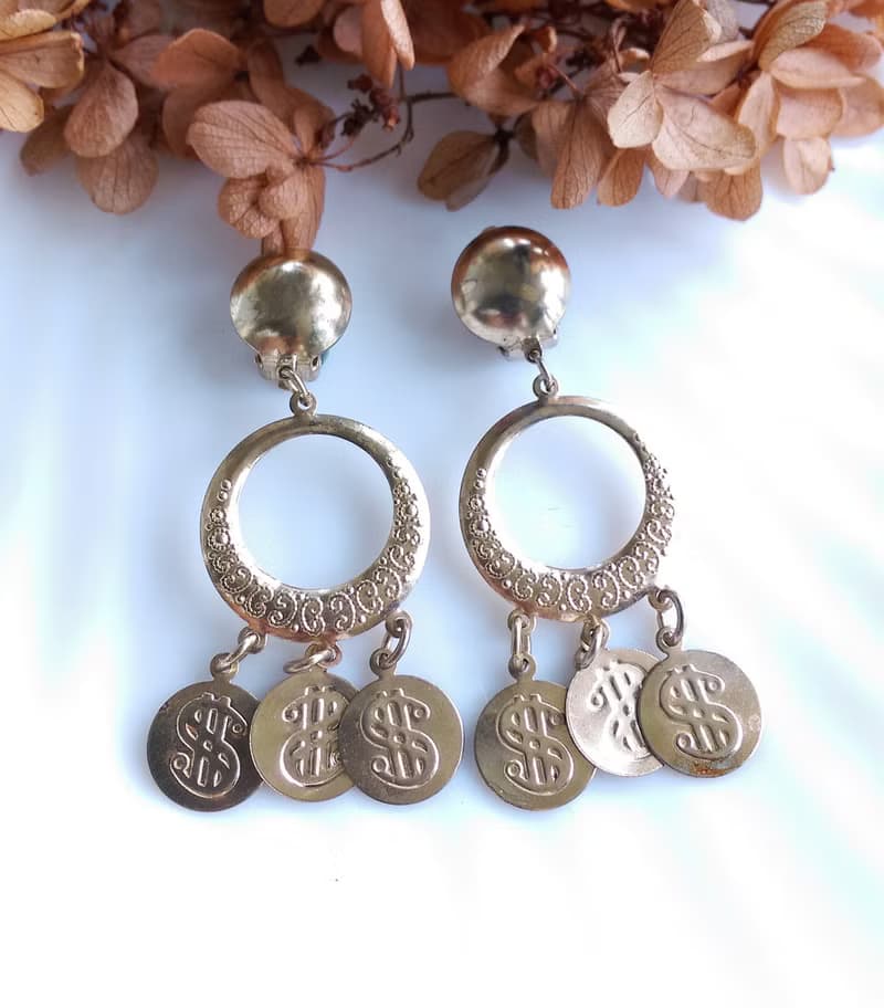 Vintage Jewelry 西洋古董飾品 錢幣符號 搖曳 垂墜 夾式耳環