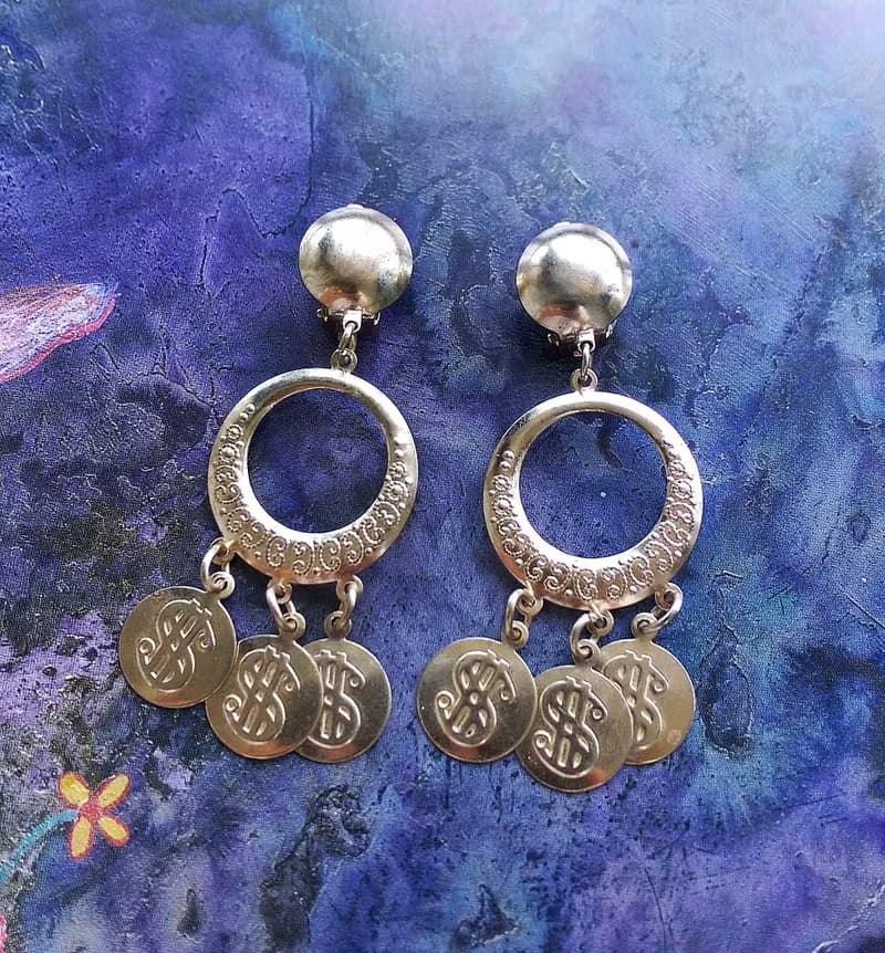 Vintage Jewelry 西洋古董飾品 錢幣符號 搖曳 垂墜 夾式耳環