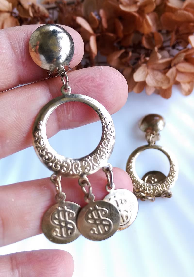 Vintage Jewelry 西洋古董飾品 錢幣符號 搖曳 垂墜 夾式耳環