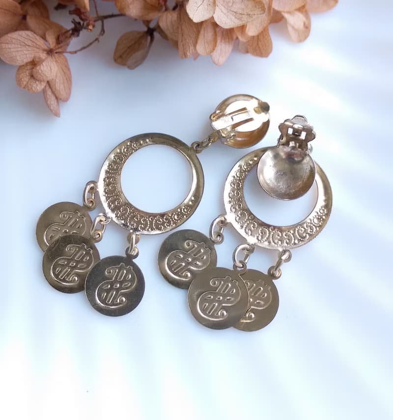 Vintage Jewelry 西洋古董飾品 錢幣符號 搖曳 垂墜 夾式耳環