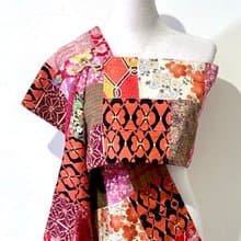 純手作窄版紅橘色日本傳統梅花拼接花草格紋圖騰拼接金蔥圍巾