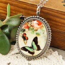 Butterfly Porcelain Cameo Necklace Mint Green Pink Oval Pendant Necklace Jewelry